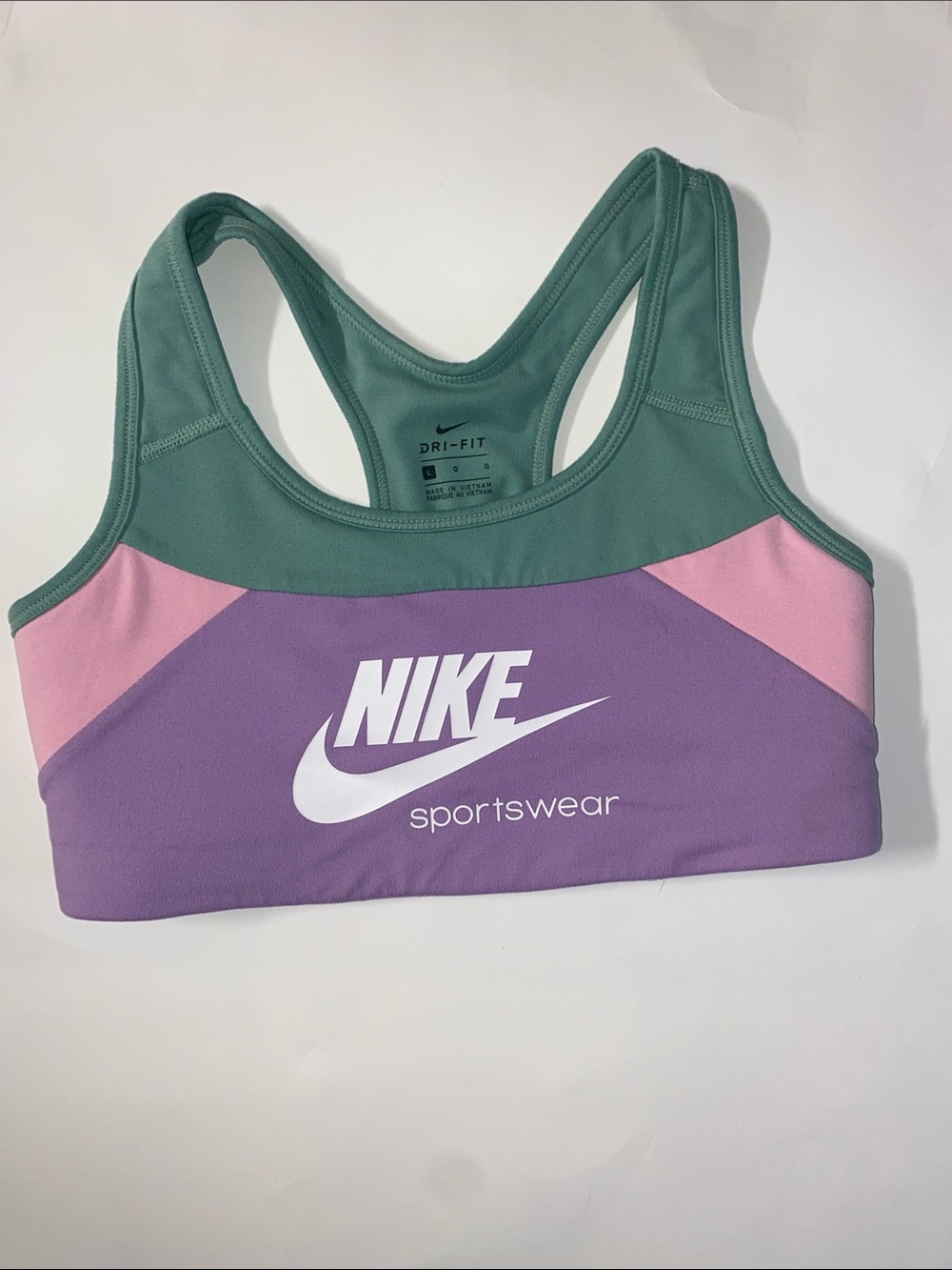 Nike Colorblock Racerback Sports Bra in Green, Purple & Pink